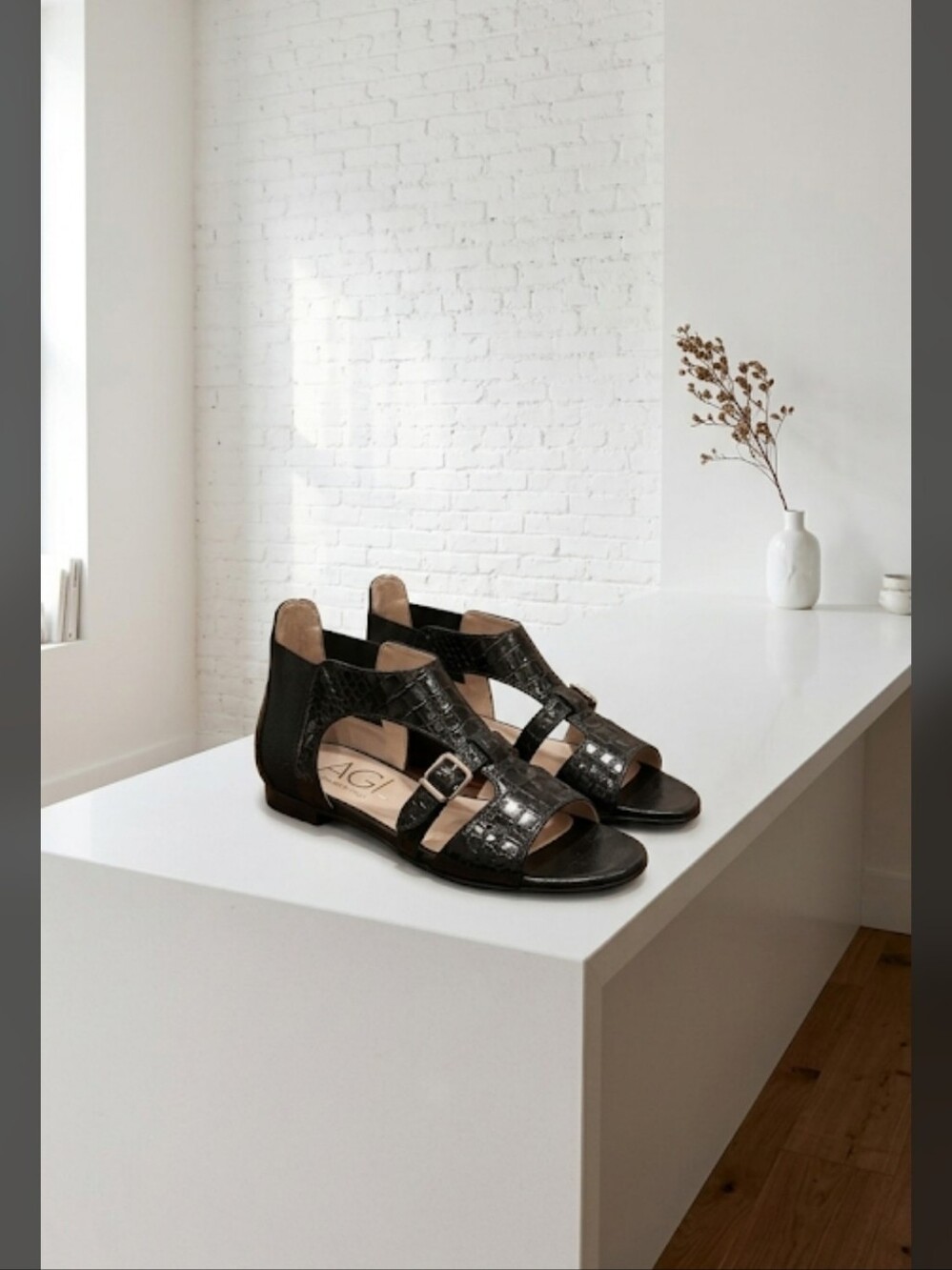 AGL Black Croc-Embossed Leather Open-Toe Sandal with Buckle